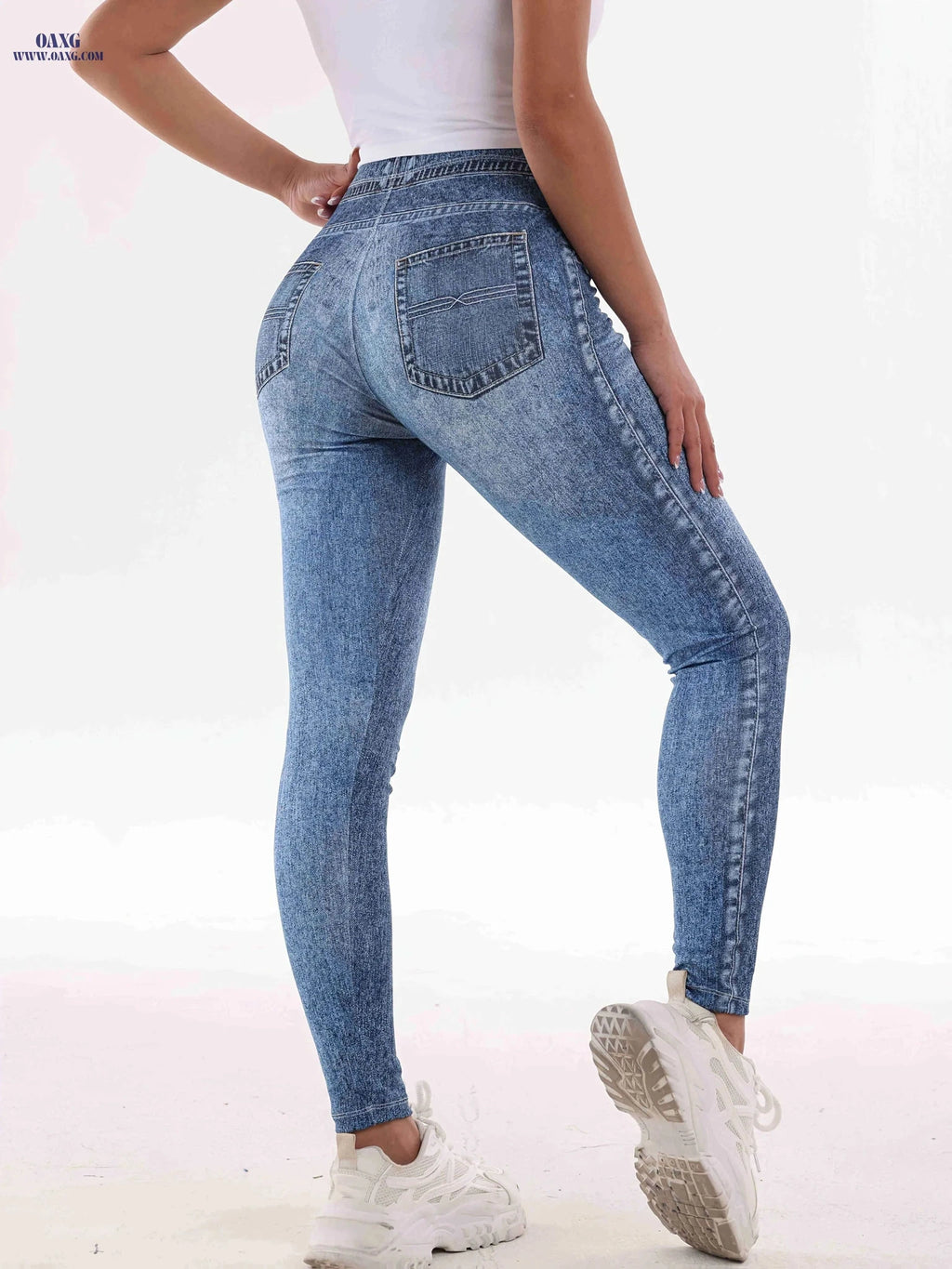 High-Waisted Imitation Denim Print Leggings - Comfortable & Stylish Fit   OAXG 