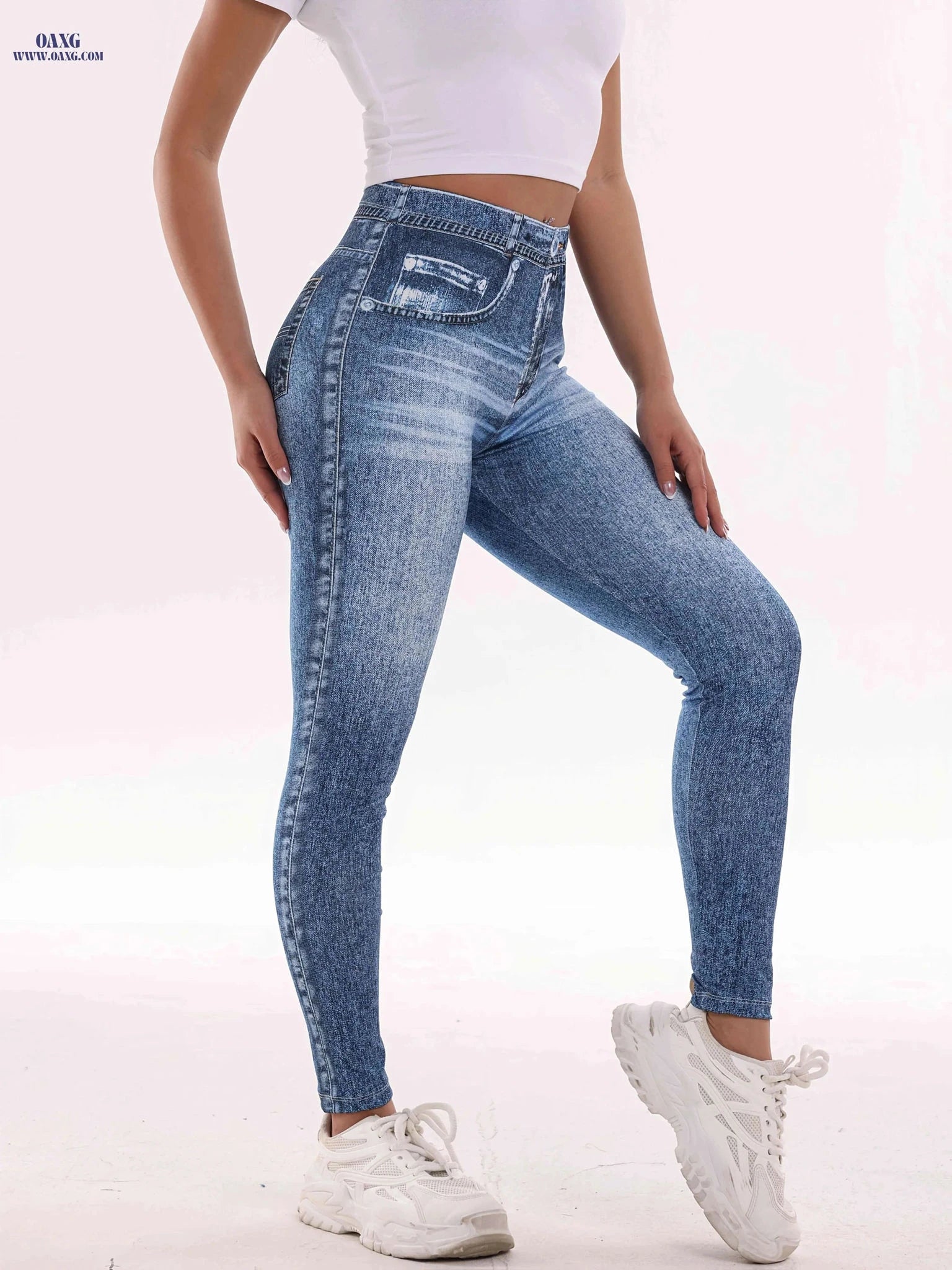 High-Waisted Imitation Denim Print Leggings - Comfortable & Stylish Fit   OAXG 