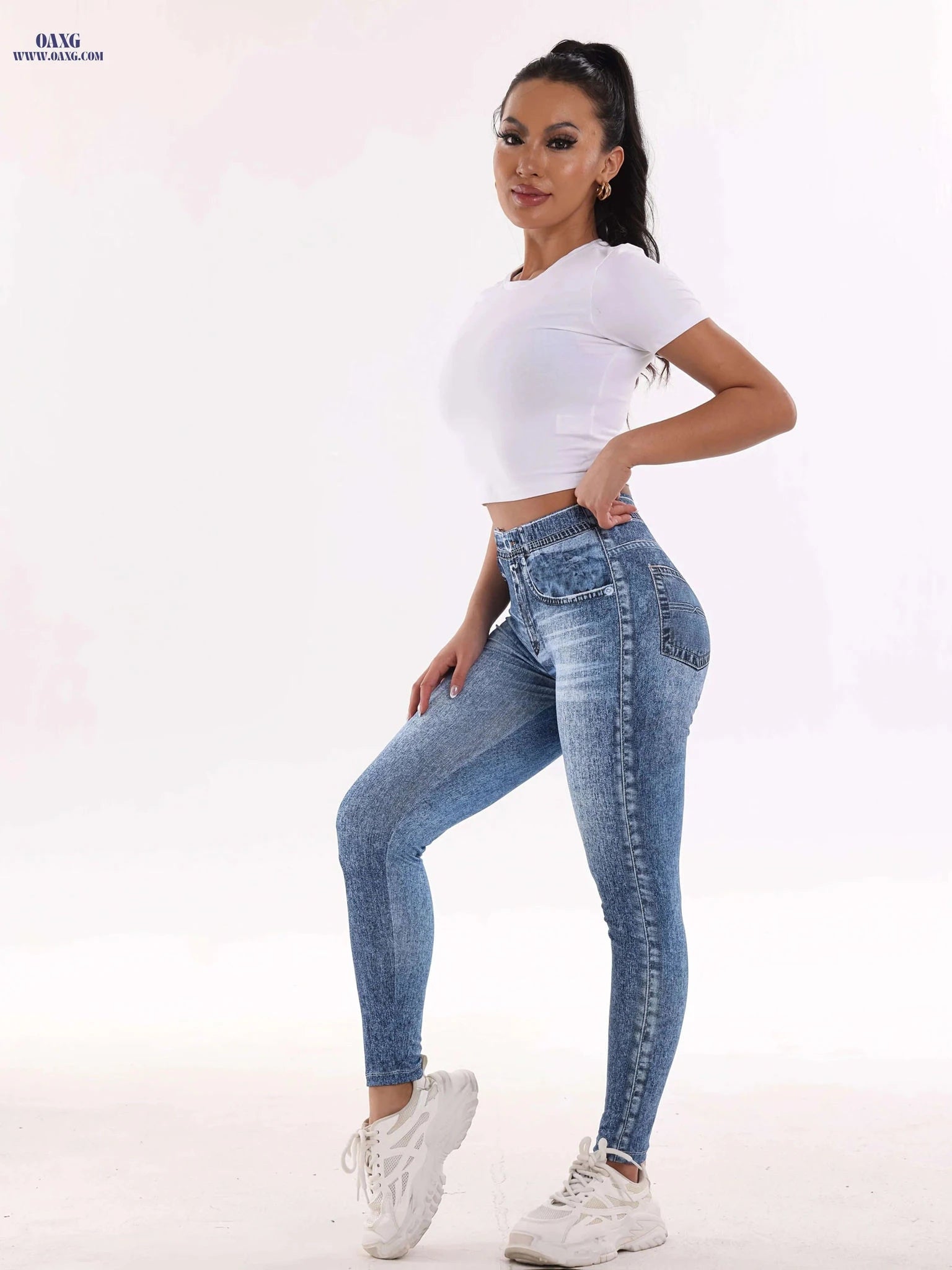 High-Waisted Imitation Denim Print Leggings - Comfortable & Stylish Fit   OAXG 