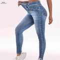 High-Waisted Imitation Denim Print Leggings - Comfortable & Stylish Fit   OAXG 