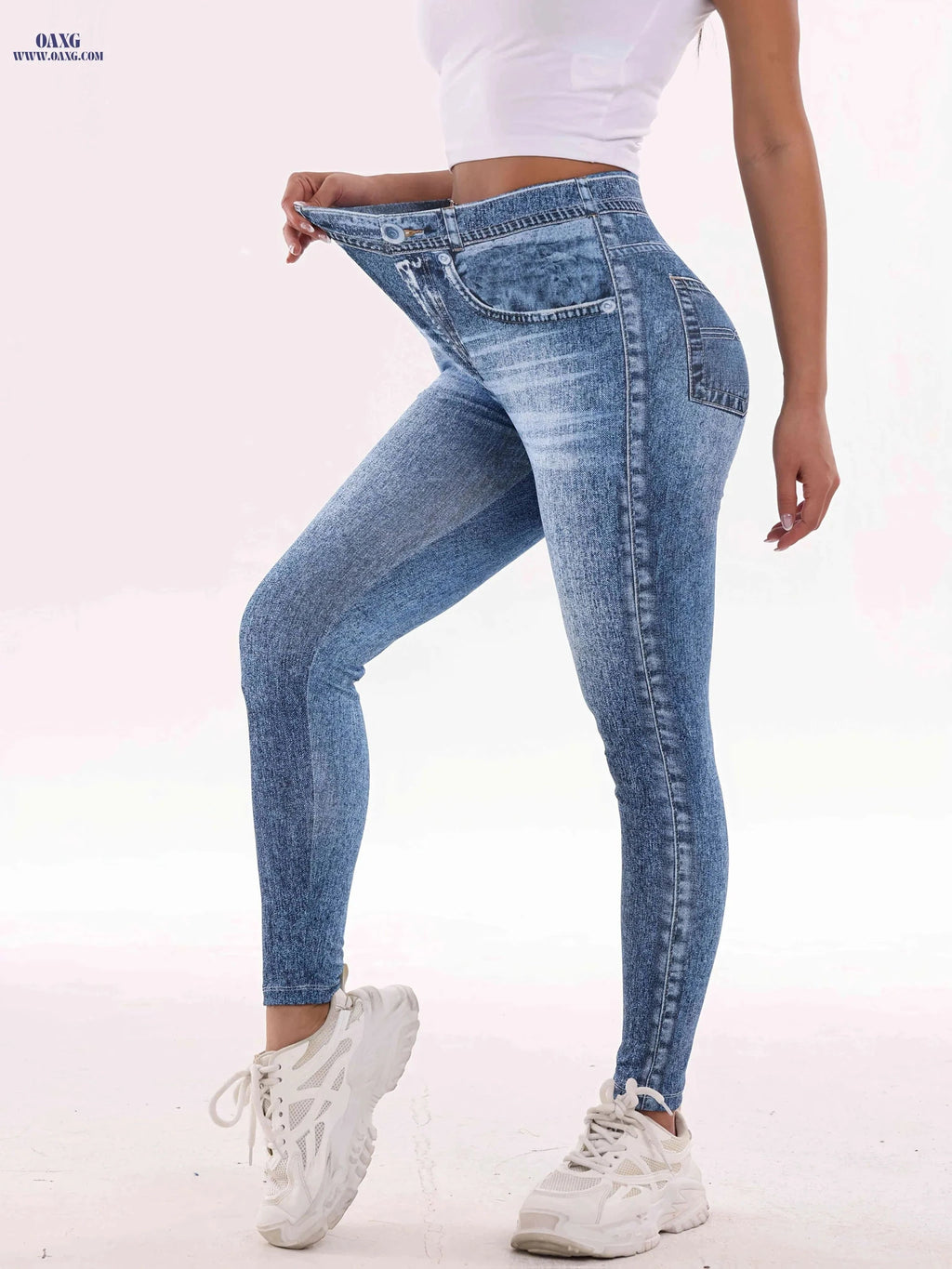 High-Waisted Imitation Denim Print Leggings - Comfortable & Stylish Fit   OAXG 