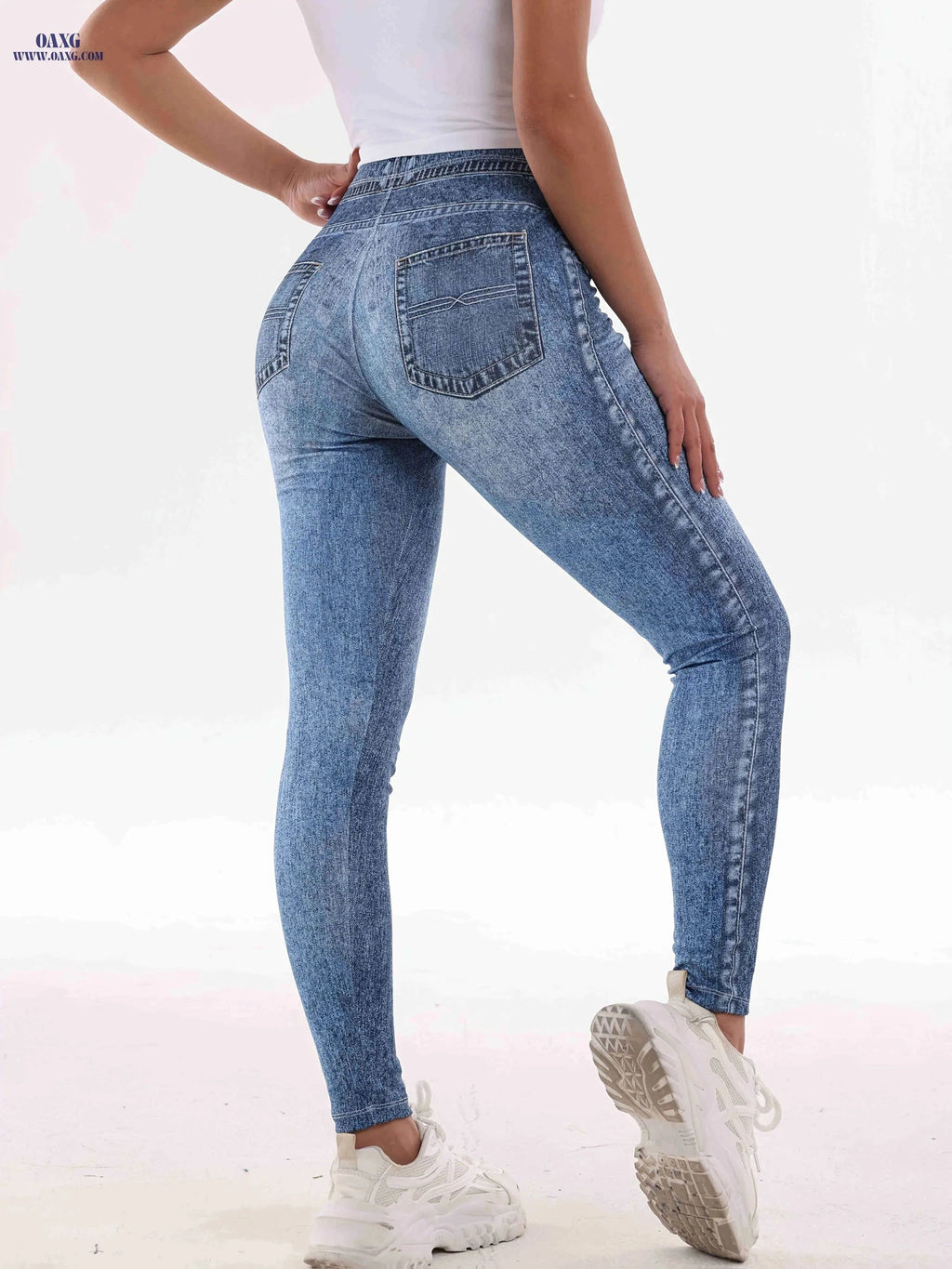 High-Waisted Imitation Denim Print Leggings - Comfortable & Stylish Fit   OAXG 
