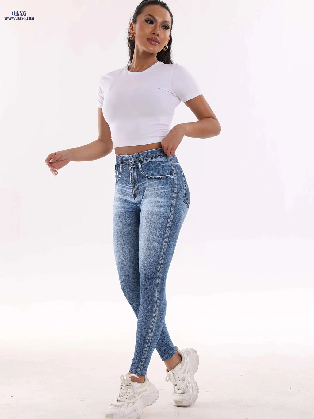 High-Waisted Imitation Denim Print Leggings - Comfortable & Stylish Fit   OAXG Sky Blue / S