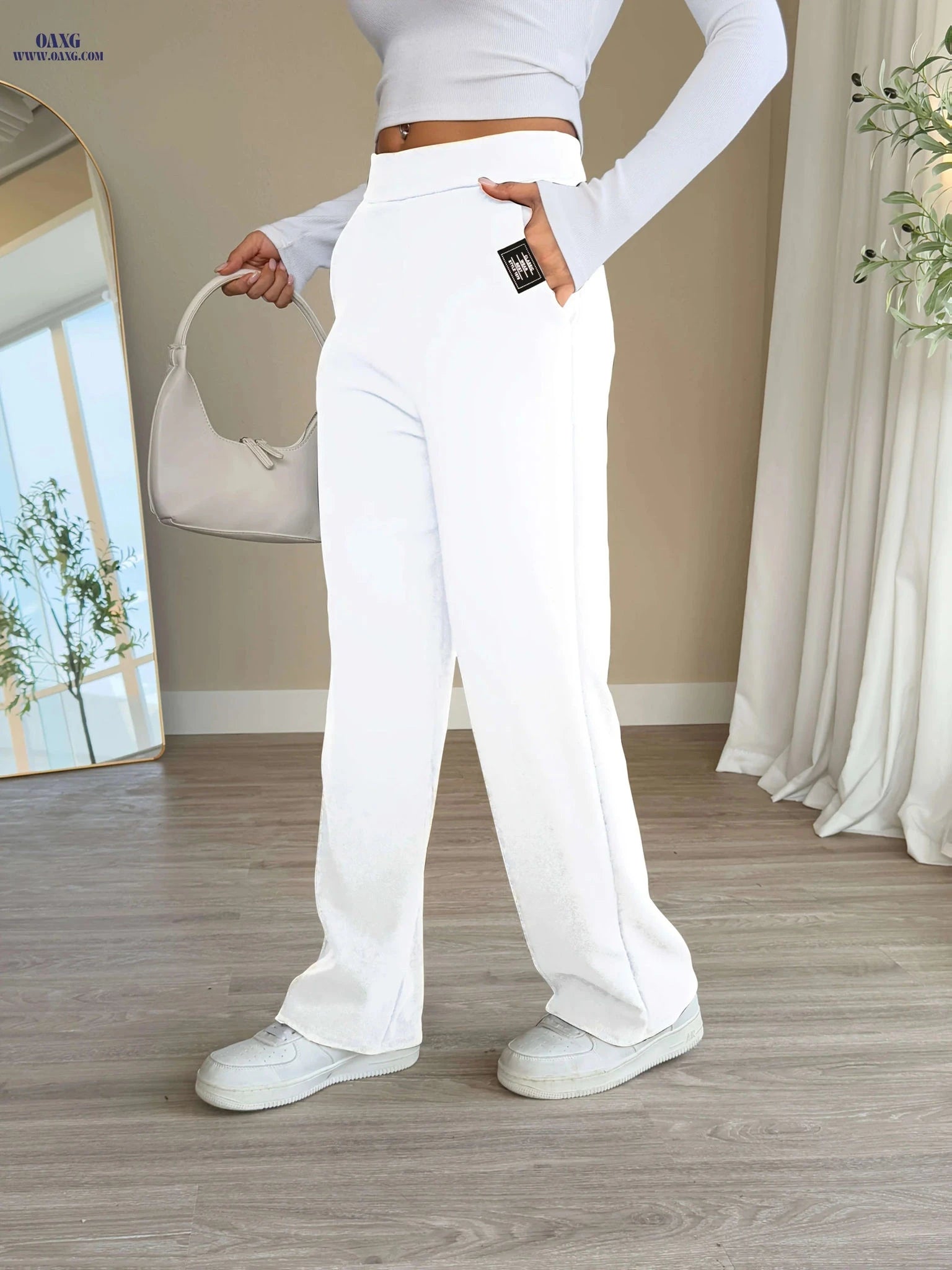 High-Waisted Letter Patch Straight-Leg Pants - Casual Style   OAXG 