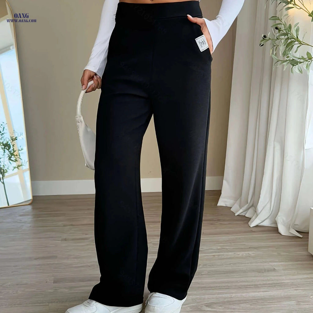 High-Waisted Letter Patch Straight-Leg Pants - Casual Style   OAXG 