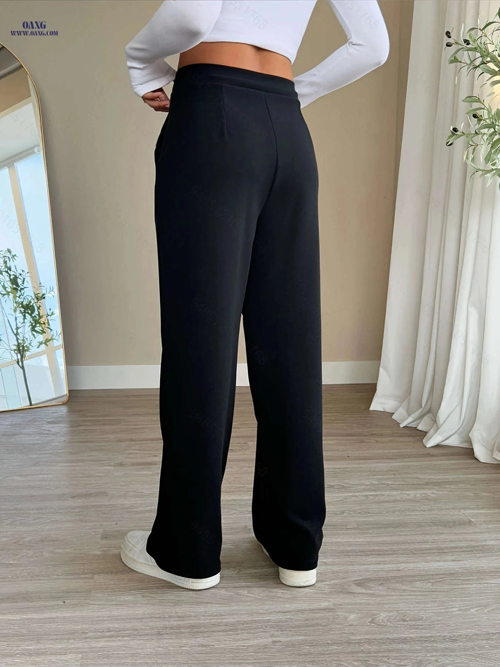 High-Waisted Letter Patch Straight-Leg Pants - Casual Style   OAXG 