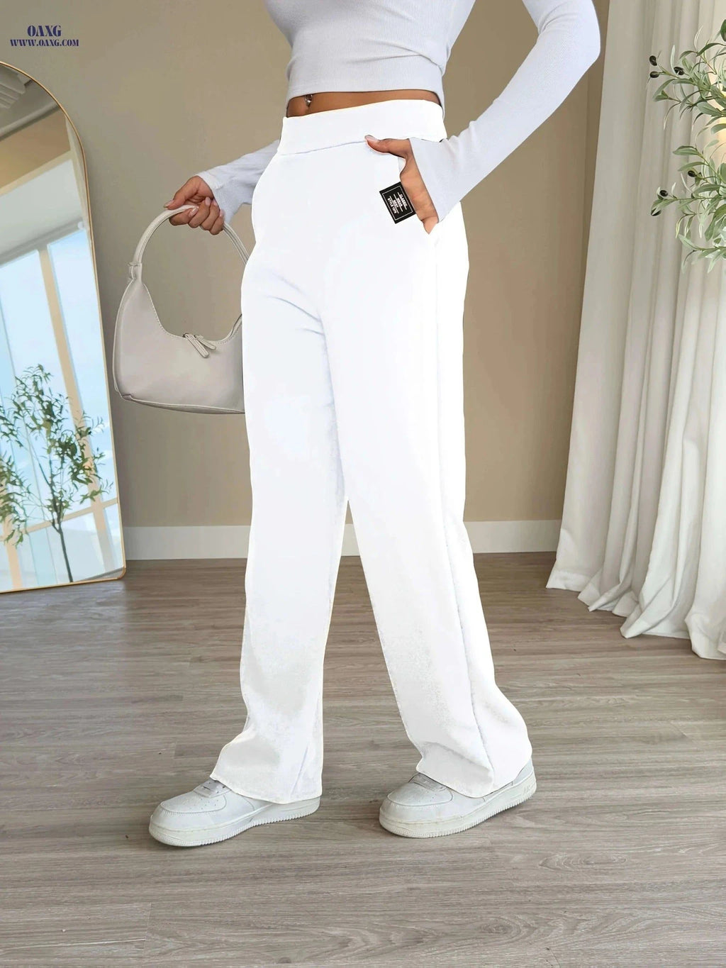 High-Waisted Letter Patch Straight-Leg Pants - Casual Style   OAXG Black / S