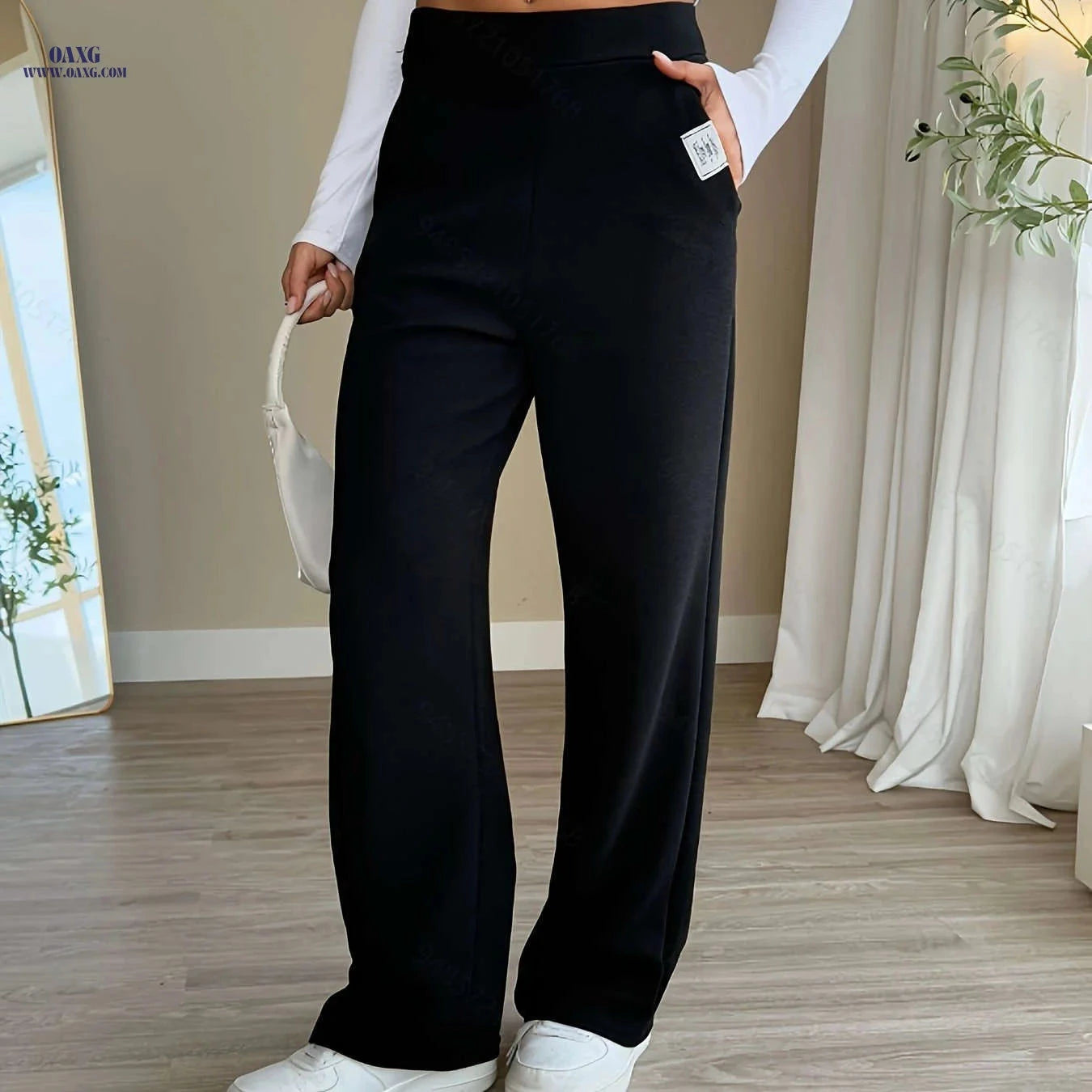 High-Waisted Letter Patch Straight-Leg Pants - Casual Style   OAXG 