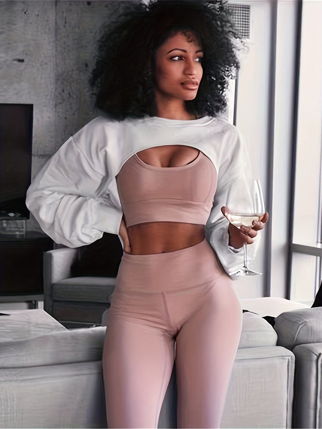 High-Waisted Short Round Neck Sweatshirt for Women, Thin Loose Fit Fitness Sport Layering Top   OAXG Black / M