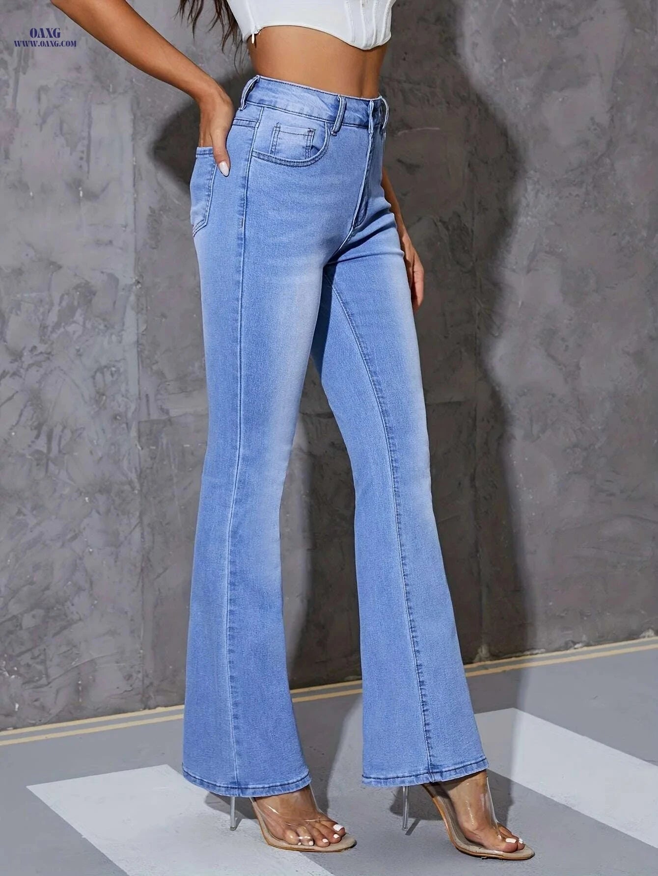 High-Waisted Skinny Jeans for Women - Light Wash Flare Leg Style   OAXG Light Blue / XS