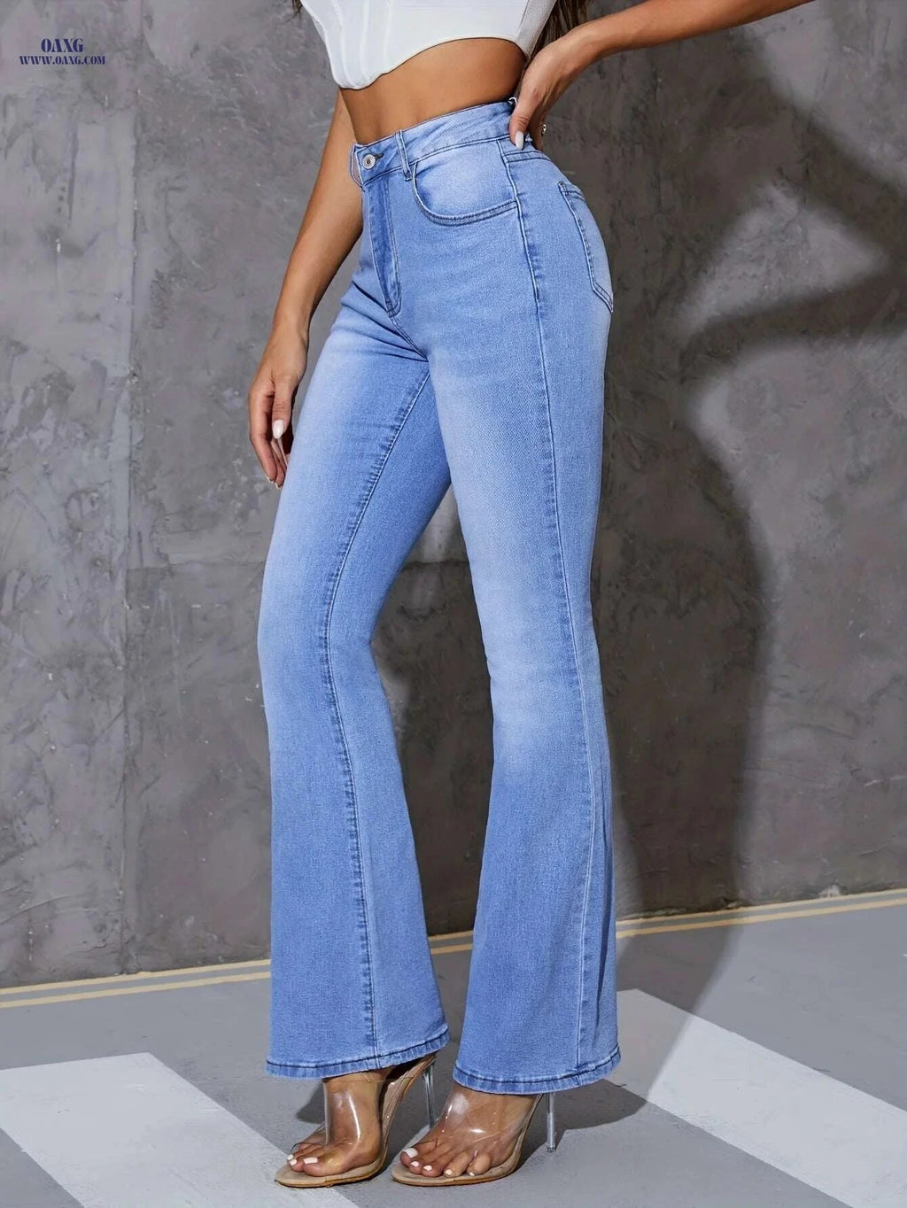 High-Waisted Skinny Jeans for Women - Light Wash Flare Leg Style   OAXG Light Blue / XS