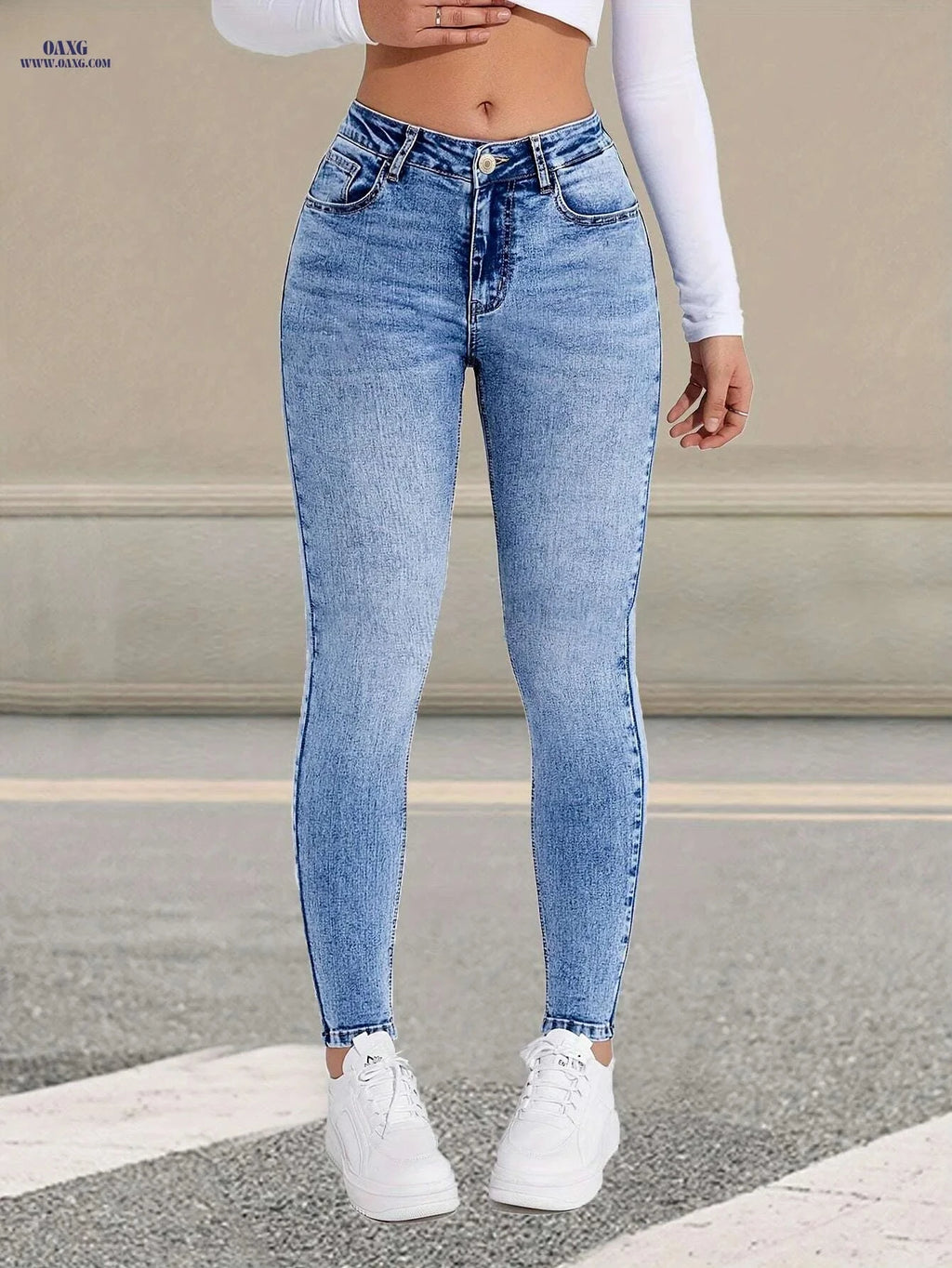 High-Waisted Skinny Jeans - Women's Light Blue Stretch Denim Pants   OAXG 