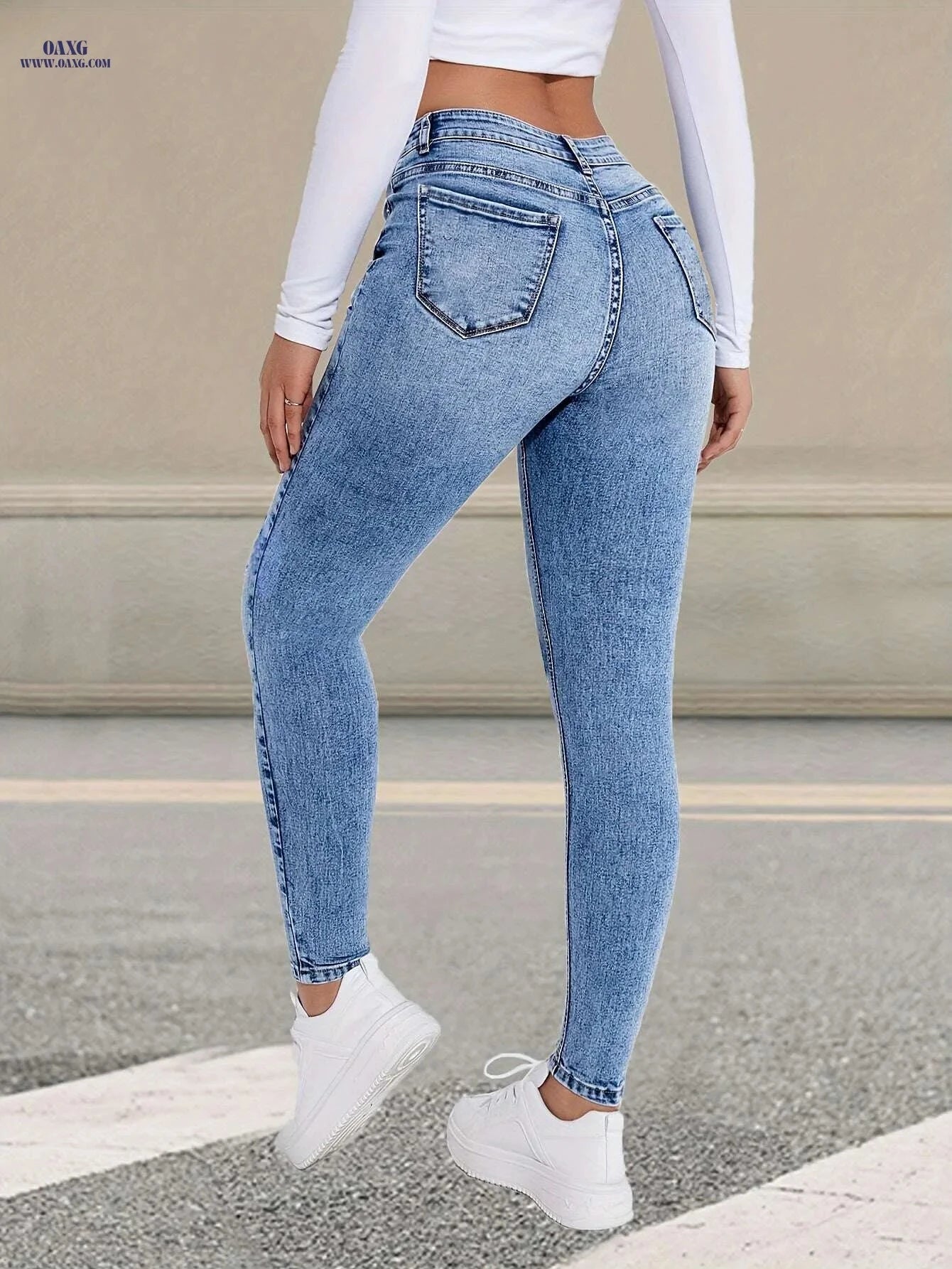 High-Waisted Skinny Jeans - Women's Light Blue Stretch Denim Pants   OAXG 