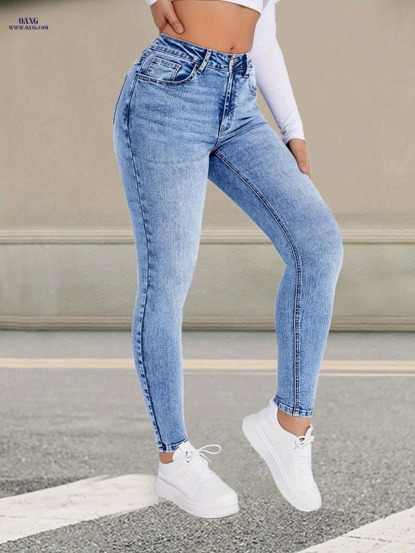 High-Waisted Skinny Jeans - Women's Light Blue Stretch Denim Pants   OAXG Sky Blue / XS