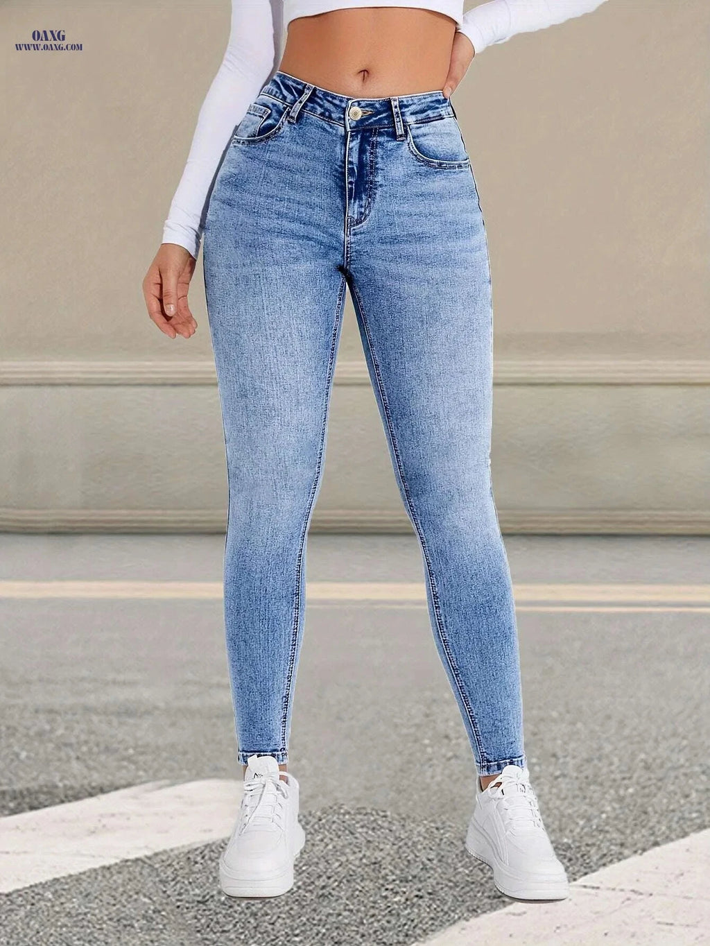 High-Waisted Skinny Jeans - Women's Light Blue Stretch Denim Pants   OAXG Sky Blue / XS