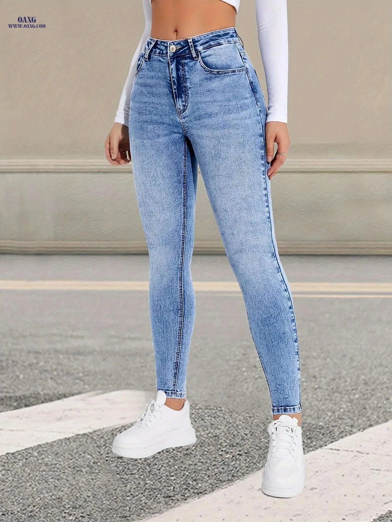 High-Waisted Skinny Jeans - Women's Light Blue Stretch Denim Pants   OAXG Sky Blue / XS
