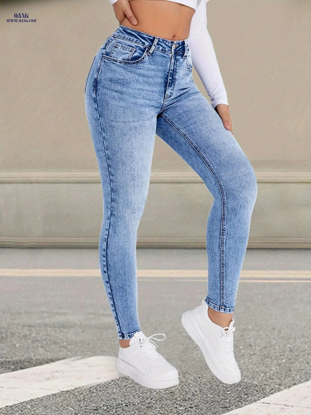 High-Waisted Skinny Jeans - Women's Light Blue Stretch Denim Pants   OAXG Sky Blue / XS