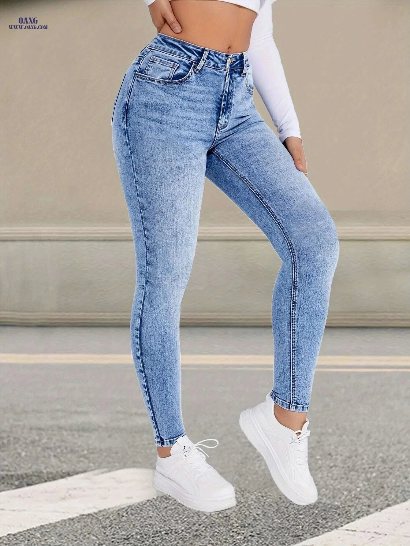 High-Waisted Skinny Jeans - Women's Light Blue Stretch Denim Pants   OAXG Sky Blue / XS