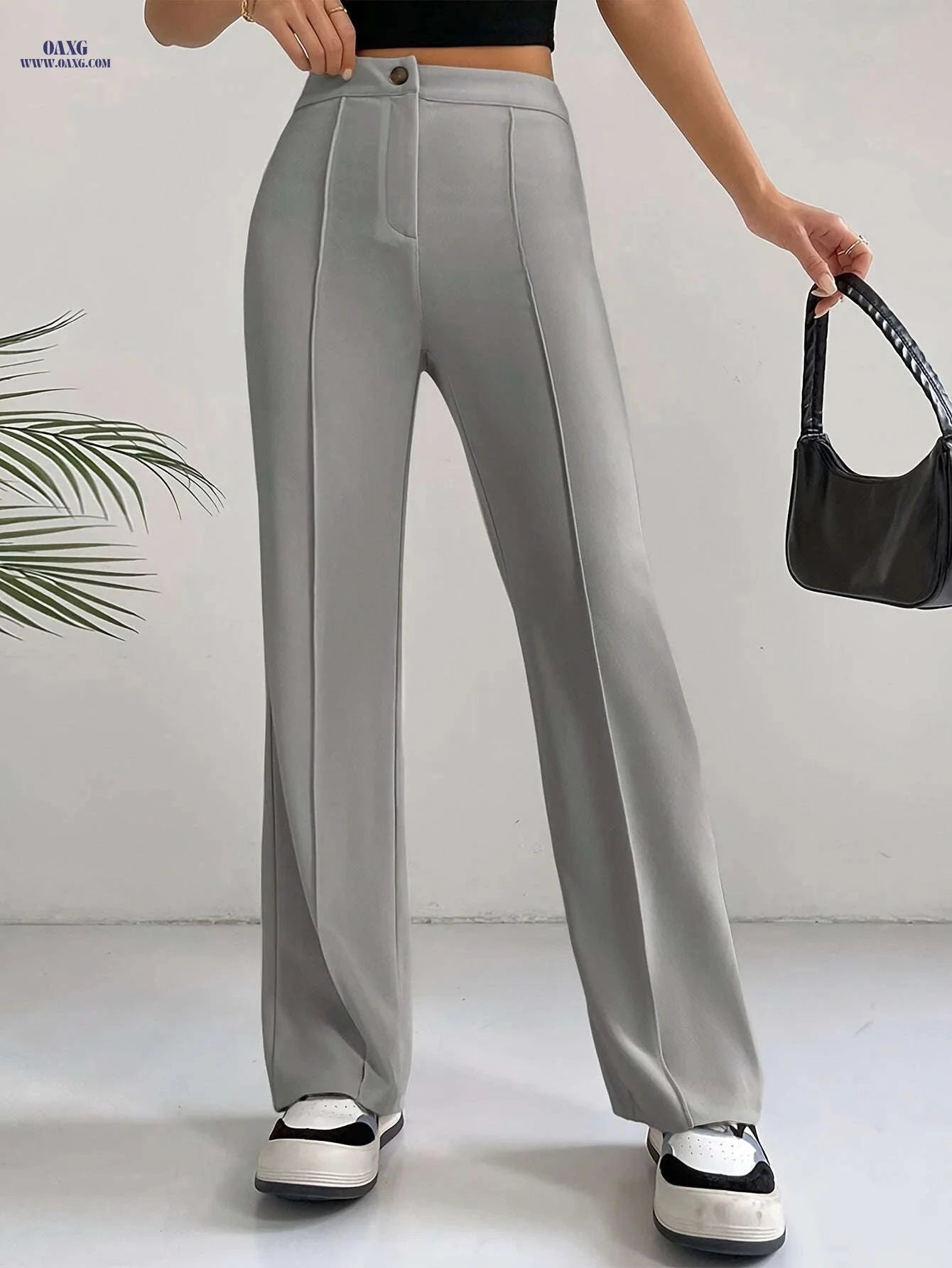 High-Waisted Slim Straight Pants - Elegant Casual Zipper Design   OAXG Grey / S