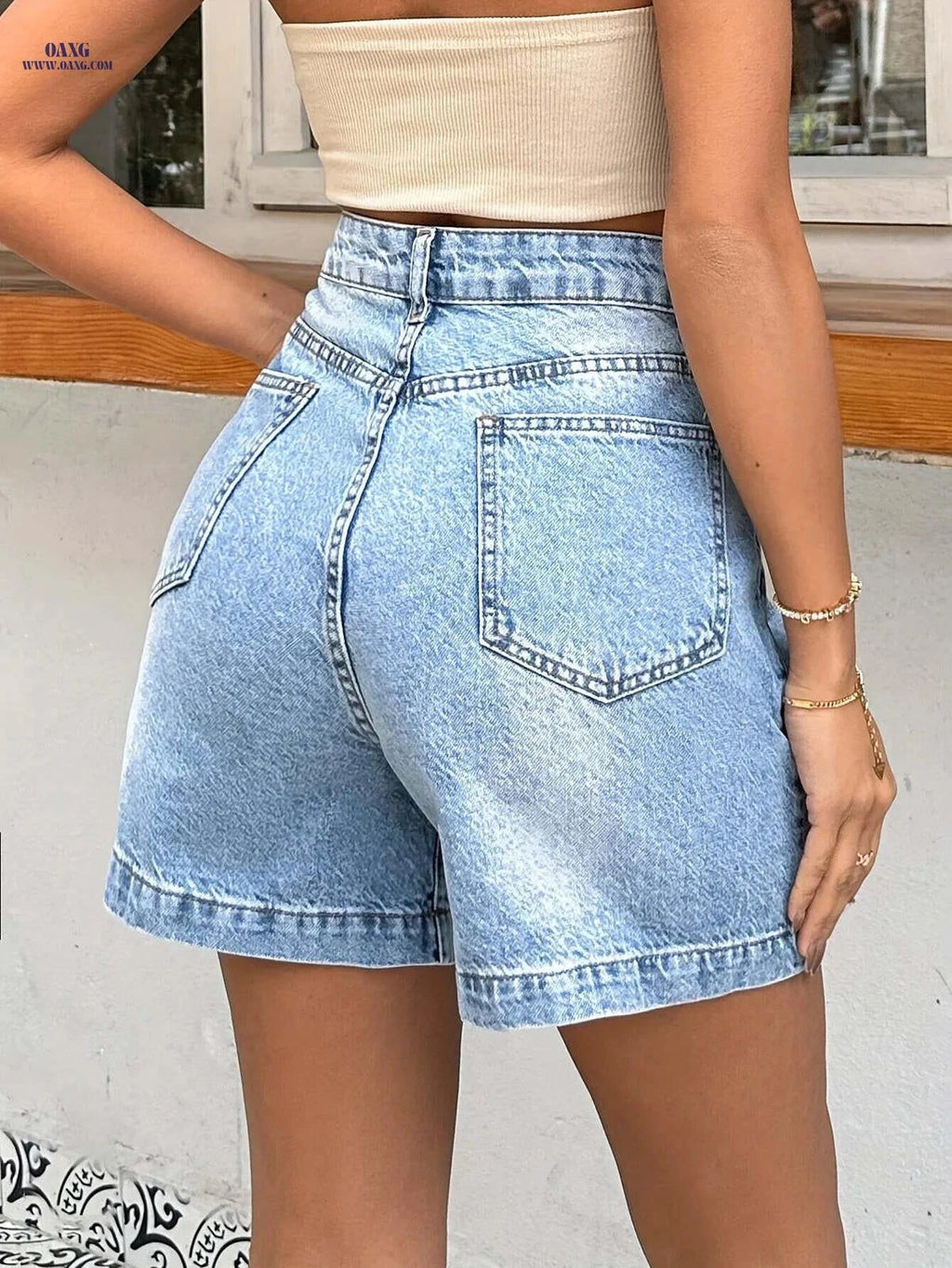 High-Waisted Straight-Leg Shorts - Casual Summer Style, 100% Polyester   OAXG 