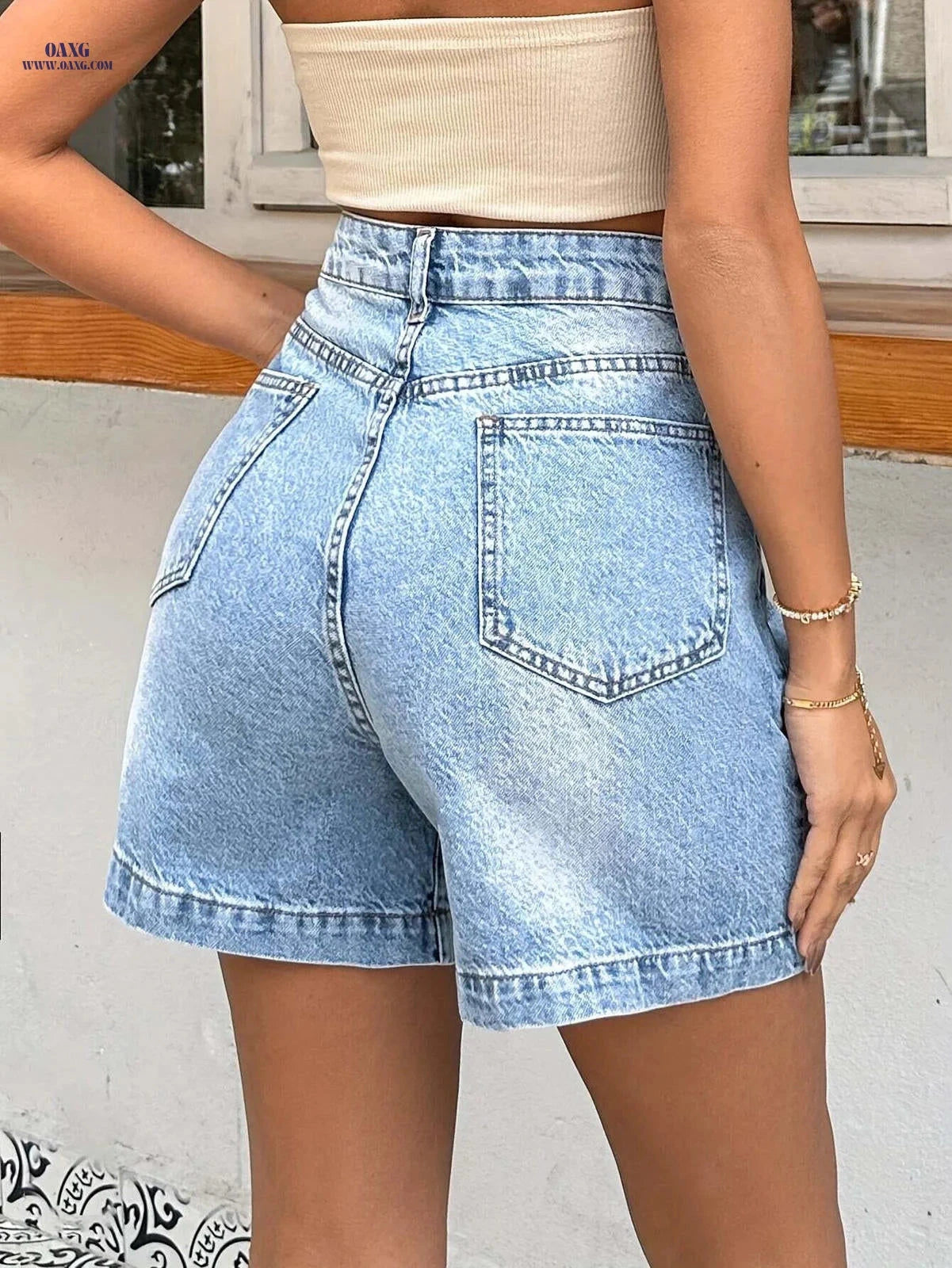 High-Waisted Straight-Leg Shorts - Casual Summer Style, 100% Polyester   OAXG 