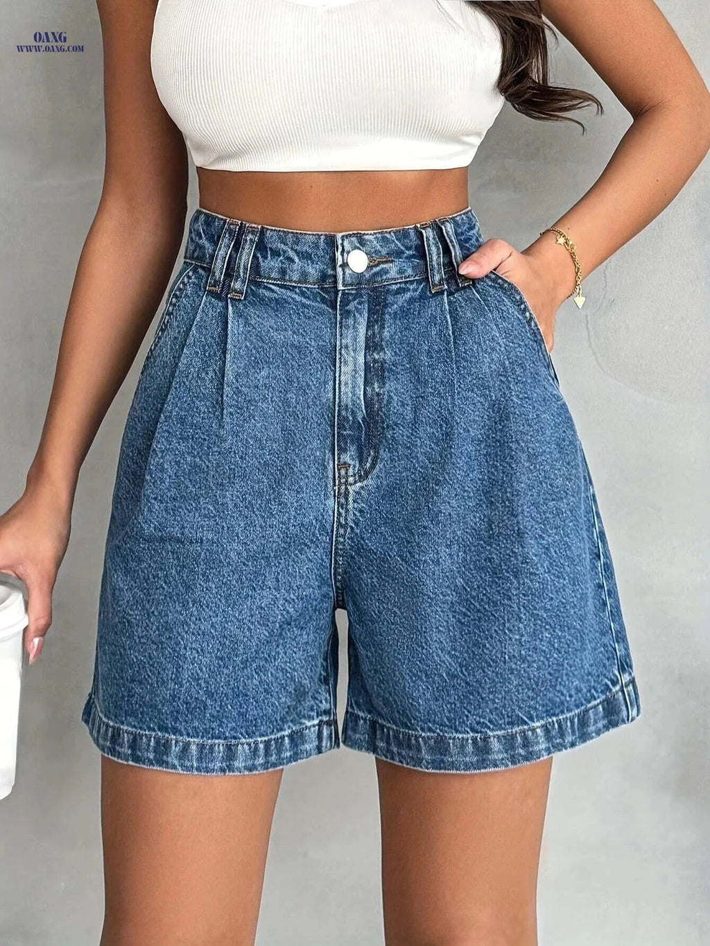 High-Waisted Straight-Leg Shorts - Casual Summer Style, 100% Polyester   OAXG 