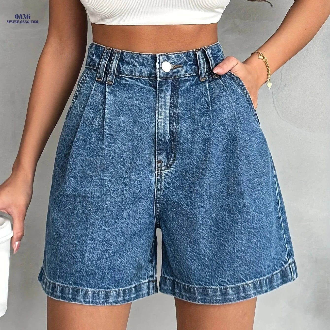 High-Waisted Straight-Leg Shorts - Casual Summer Style, 100% Polyester   OAXG 