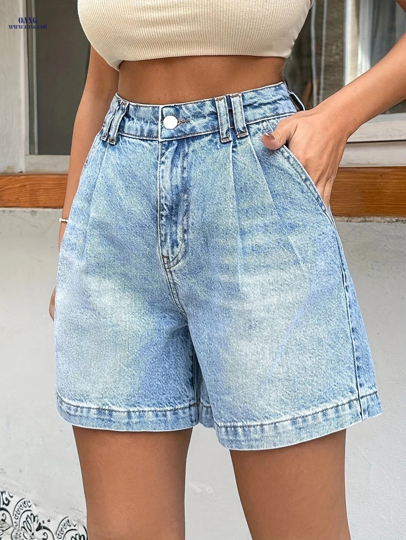 High-Waisted Straight-Leg Shorts - Casual Summer Style, 100% Polyester   OAXG 