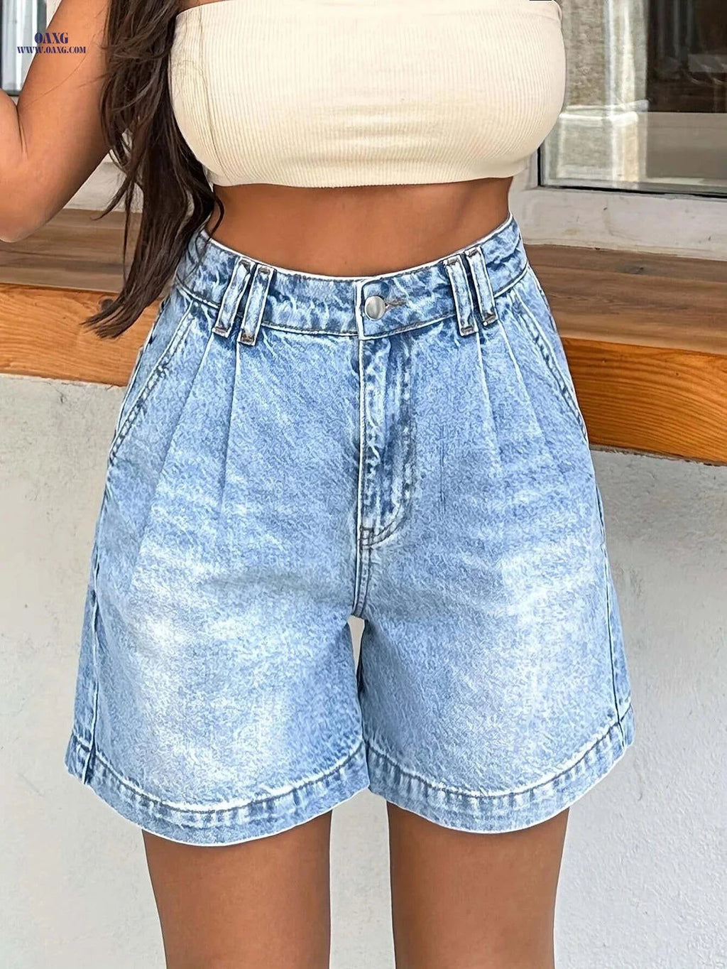 High-Waisted Straight-Leg Shorts - Casual Summer Style, 100% Polyester   OAXG 