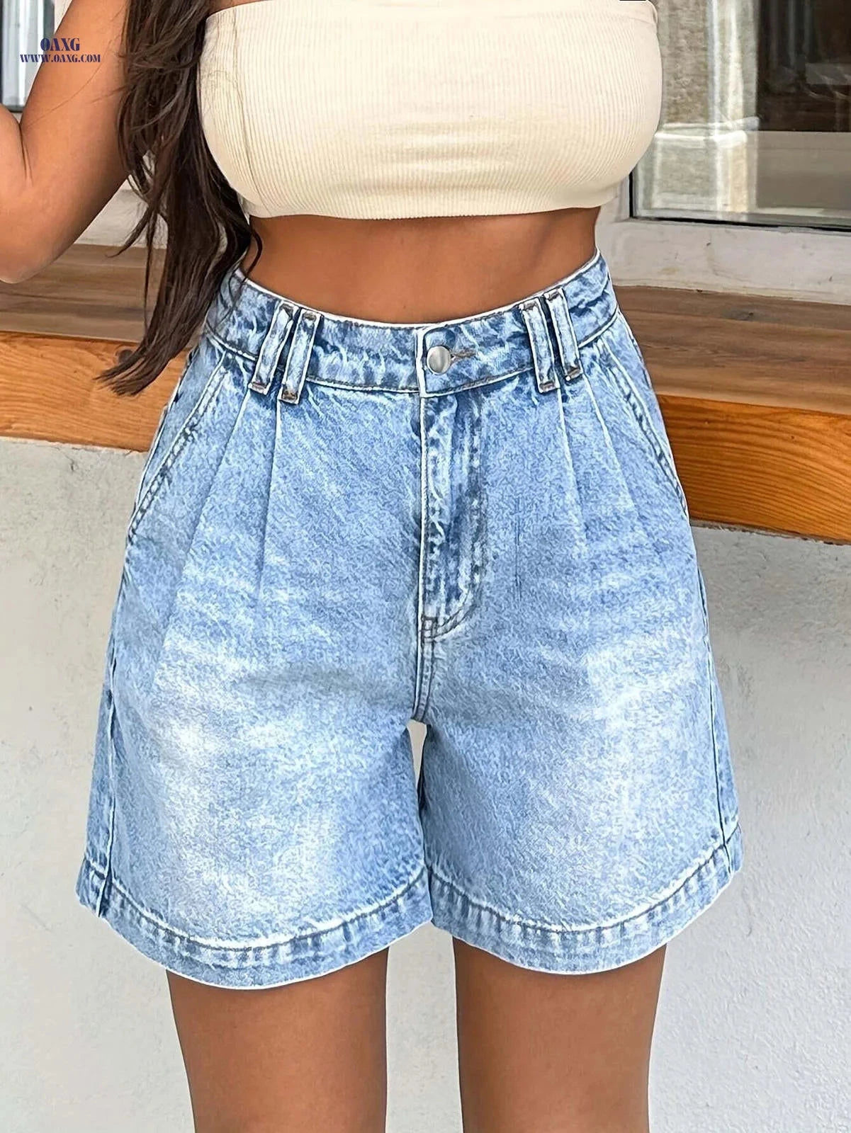 High-Waisted Straight-Leg Shorts - Casual Summer Style, 100% Polyester   OAXG 