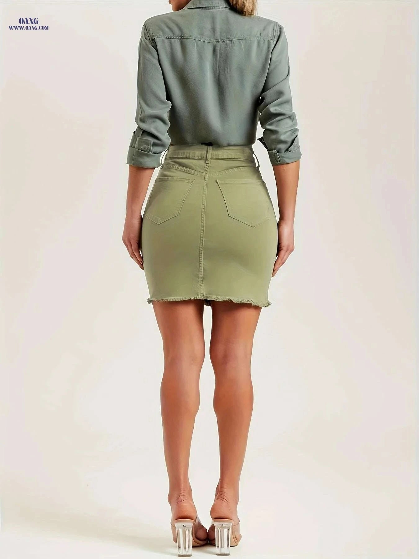 High-Waisted Stretch Denim Mini Skirt - Elegant Casual Summer Style   OAXG Army Green / S