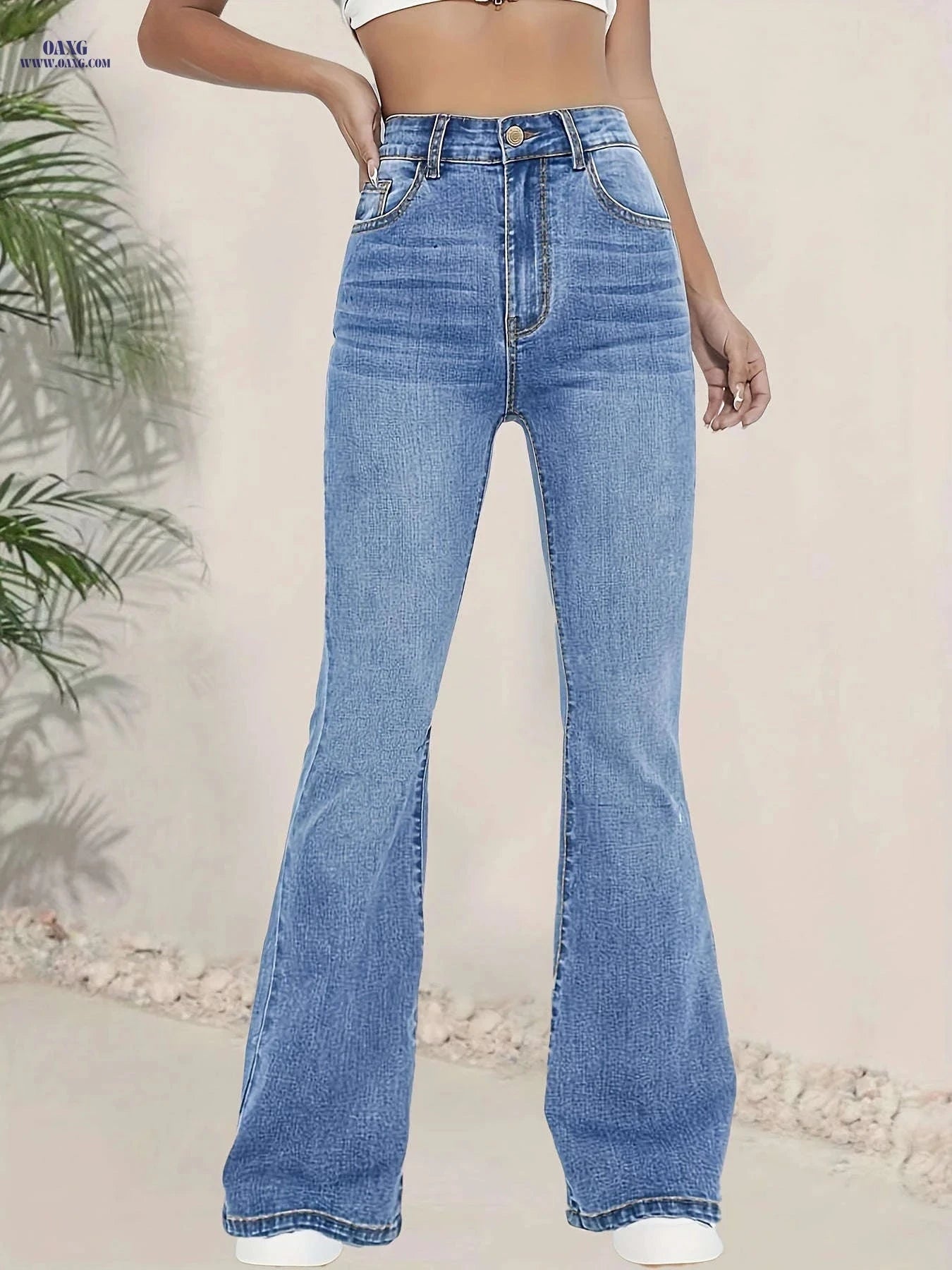High-Waisted Stretchy Blue Flared Jeans for Women - Elegant Fit   OAXG 