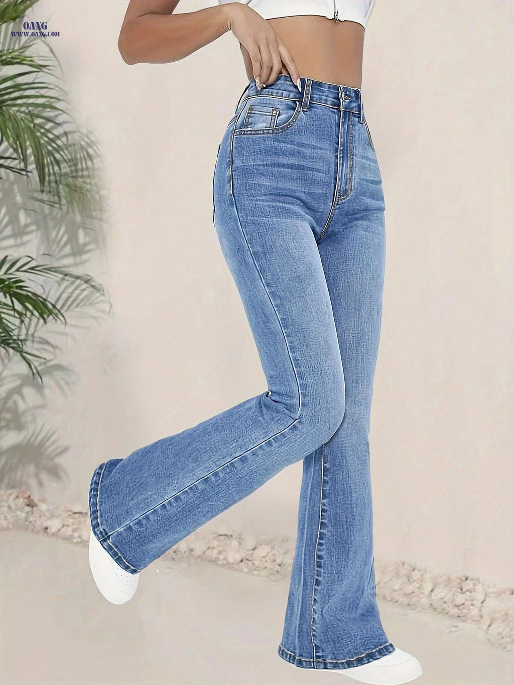 High-Waisted Stretchy Blue Flared Jeans for Women - Elegant Fit   OAXG Blue / XS