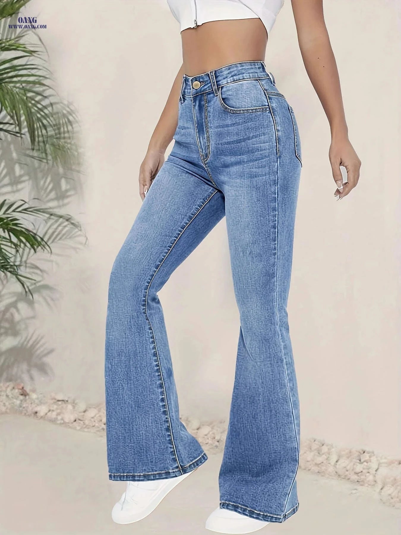 High-Waisted Stretchy Blue Flared Jeans for Women - Elegant Fit   OAXG Blue / XS