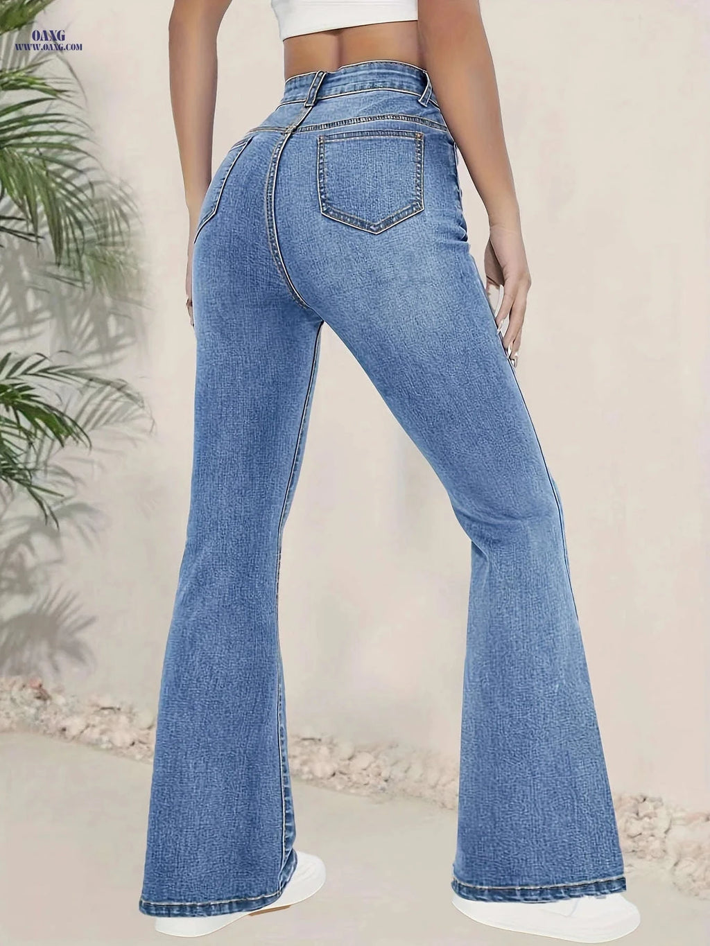 High-Waisted Stretchy Blue Flared Jeans for Women - Elegant Fit   OAXG Blue / XS