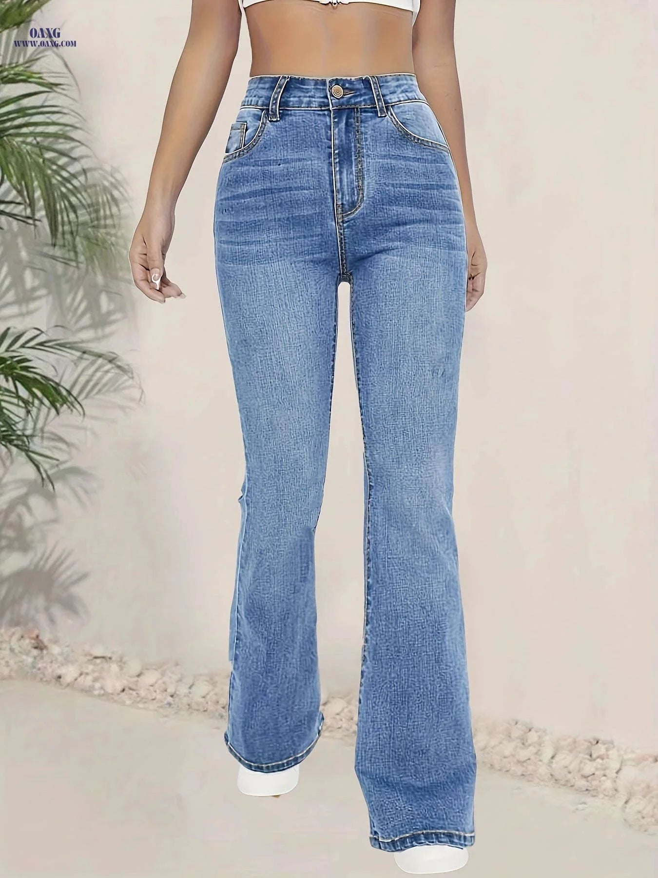High-Waisted Stretchy Blue Flared Jeans for Women - Elegant Fit   OAXG Blue / XS