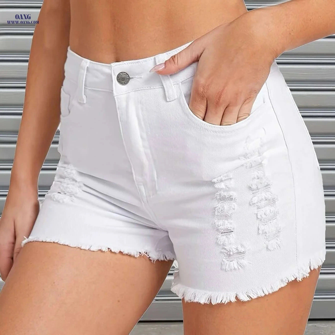 High-Waisted White Denim Shorts - Casual Summer Style, Ripped   OAXG 