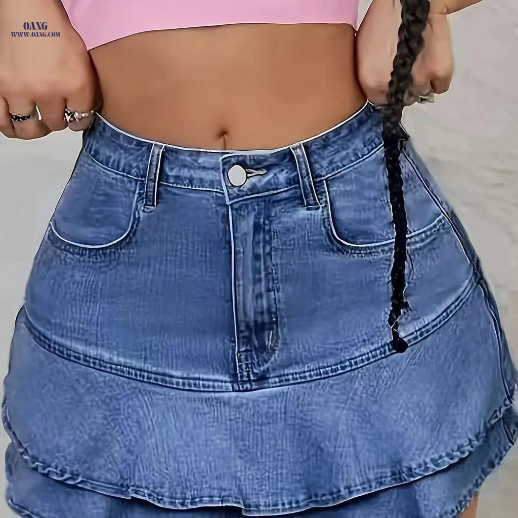 High-Waisted Women's Denim Skirt - Casual Flared Design for Summer   OAXG Light Blue / XS