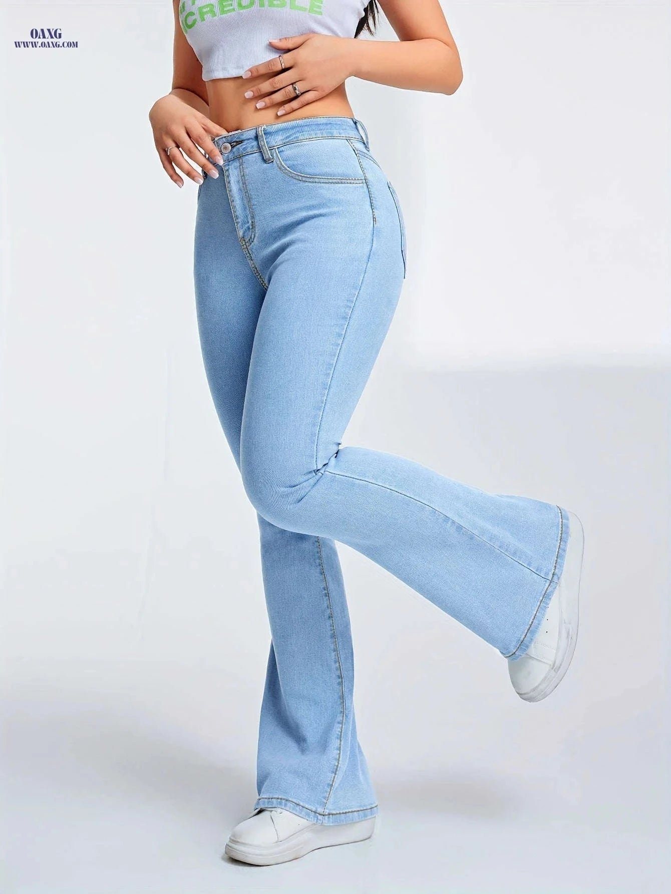High-Waisted Women's Flared Jeans - Stretch Denim for Casual Style   OAXG Blue / XS