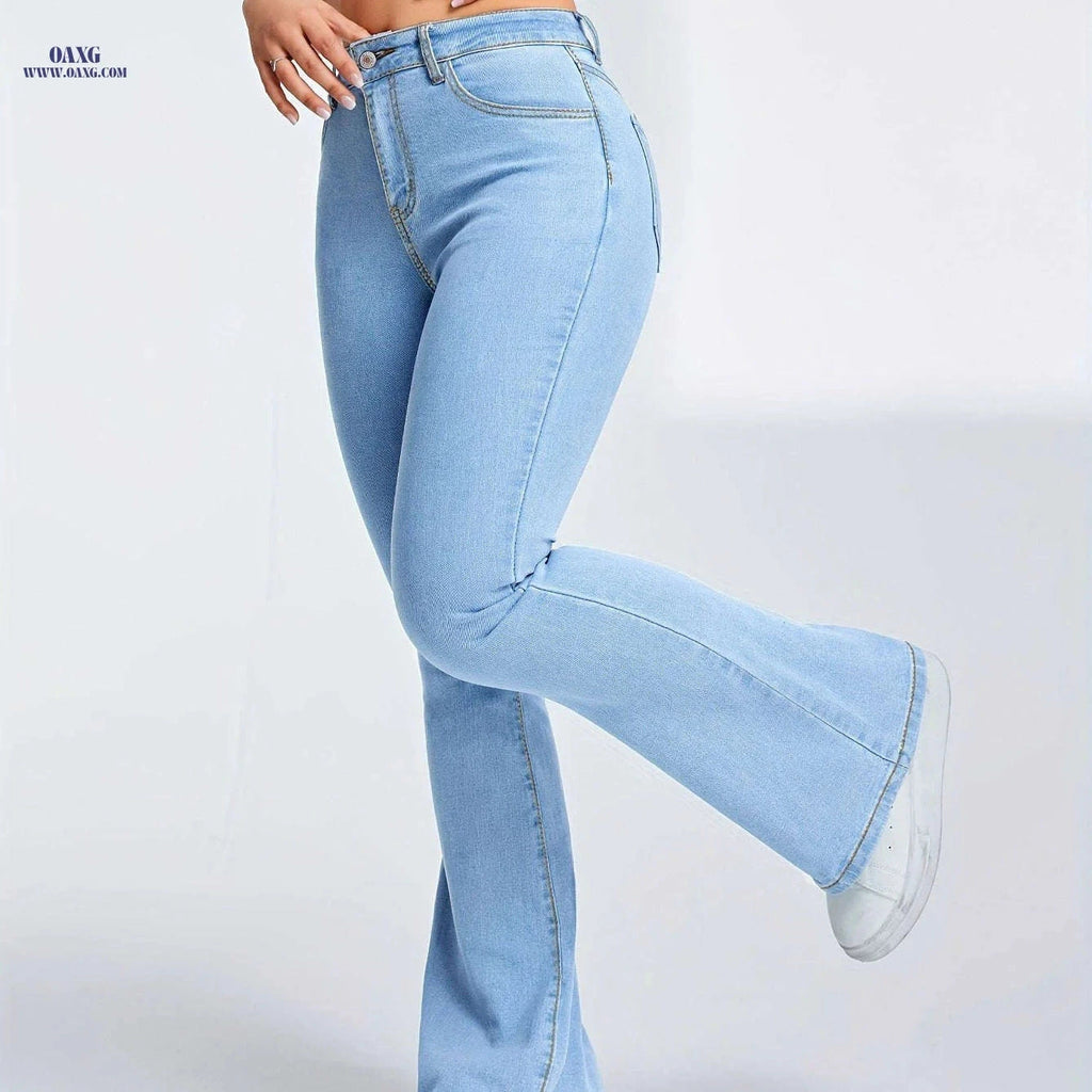 High-Waisted Women's Flared Jeans - Stretch Denim for Casual Style   OAXG Blue / XS