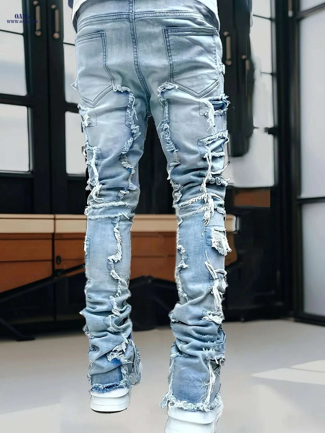 HME Men's Slim Fit Light Blue Jeans - Ripped Distressed Style   OAXG Sky Blue / 30