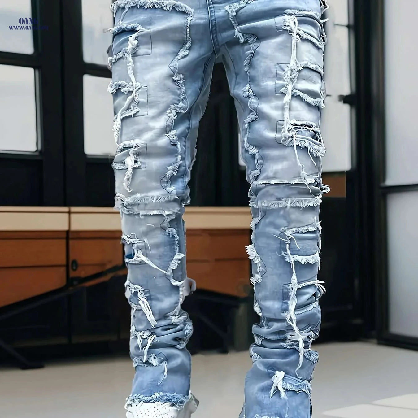 HME Men's Slim Fit Light Blue Jeans - Ripped Distressed Style   OAXG Sky Blue / 30