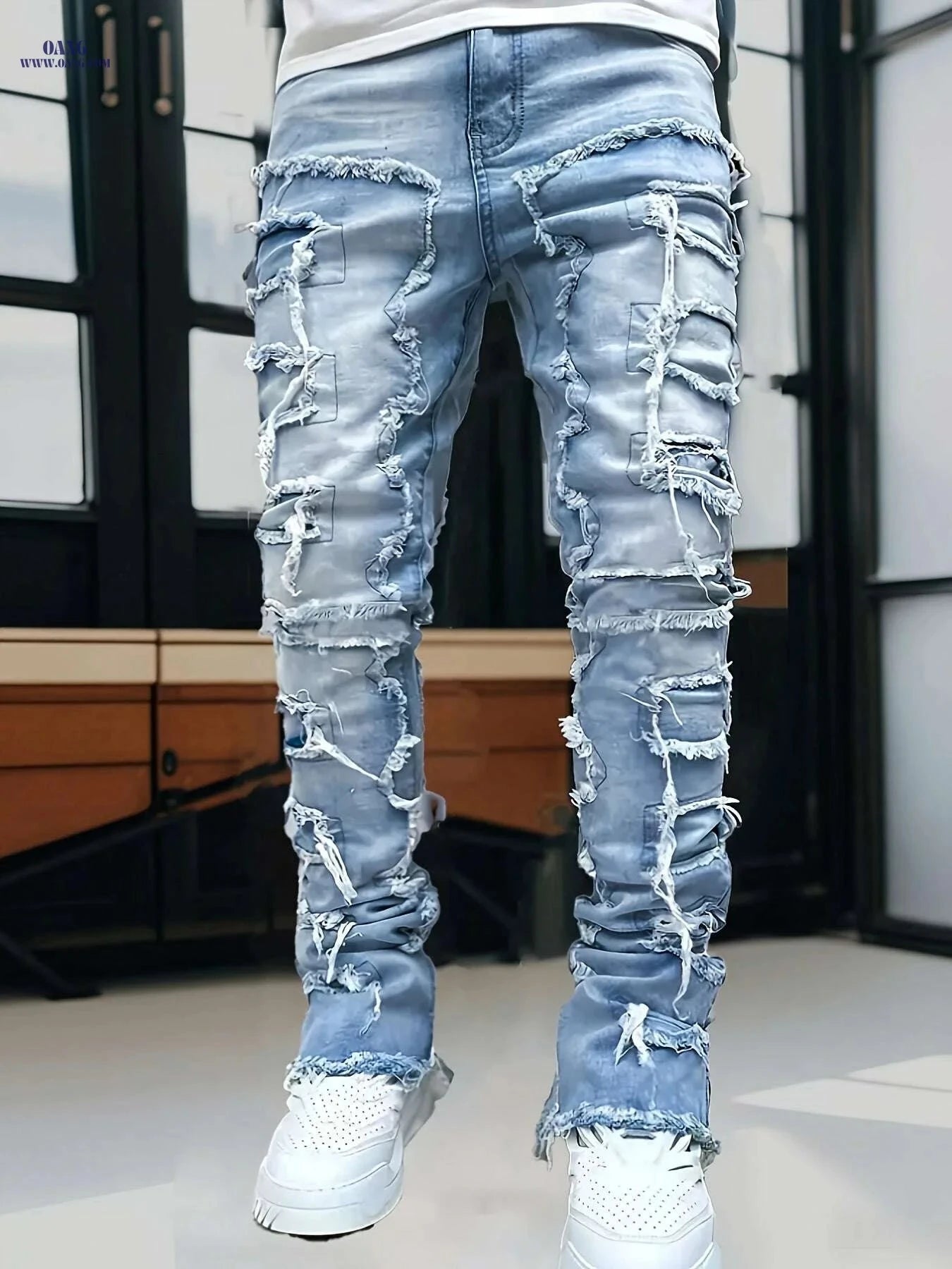 HME Men's Slim Fit Light Blue Jeans - Ripped Distressed Style   OAXG Sky Blue / 30