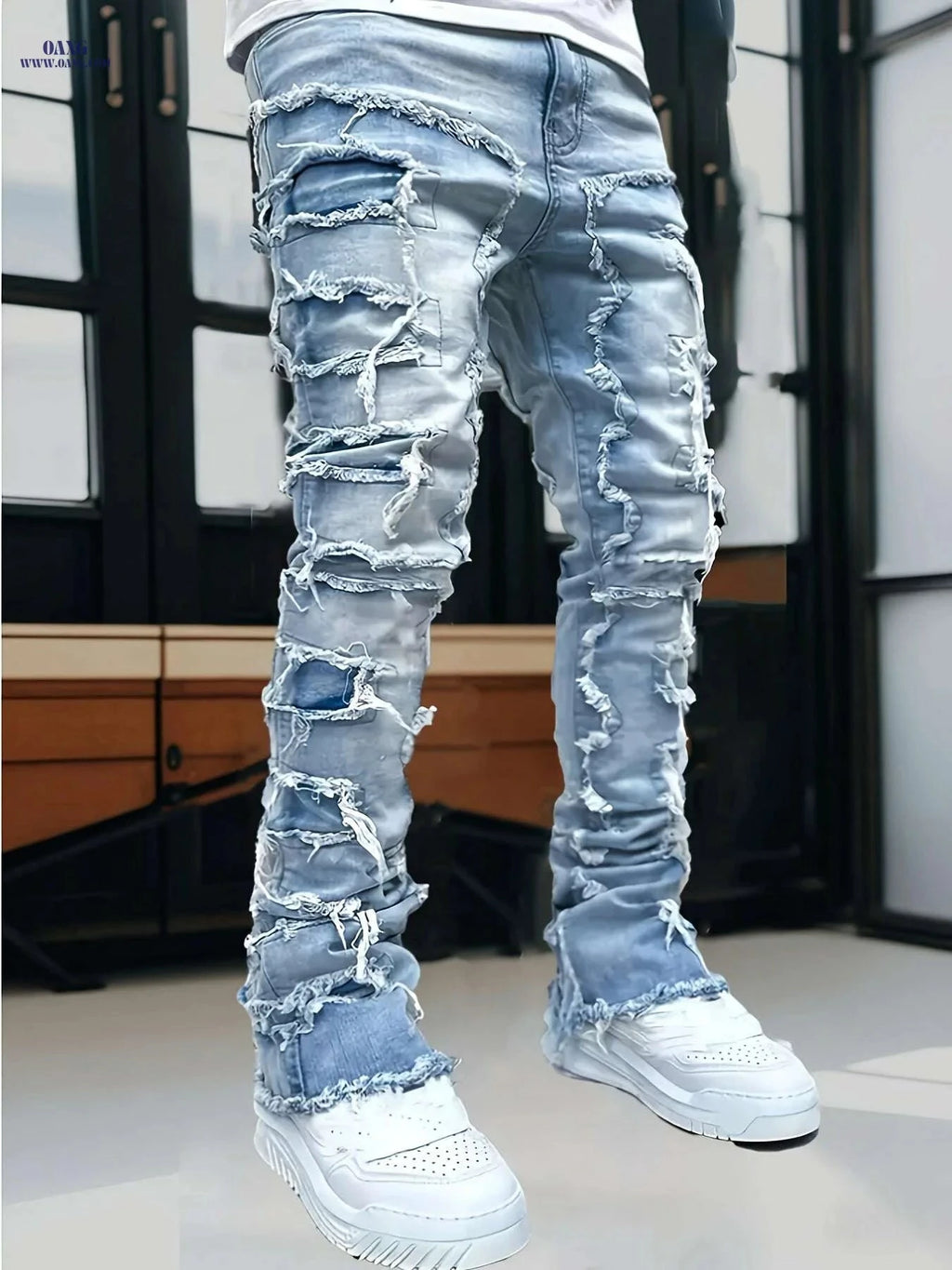 HME Men's Slim Fit Light Blue Jeans - Ripped Distressed Style   OAXG Sky Blue / 30