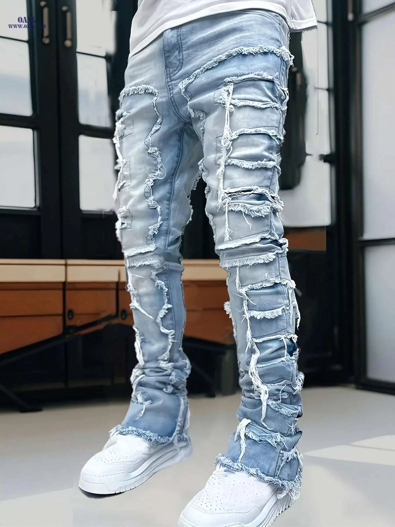 HME Men's Slim Fit Light Blue Jeans - Ripped Distressed Style   OAXG 