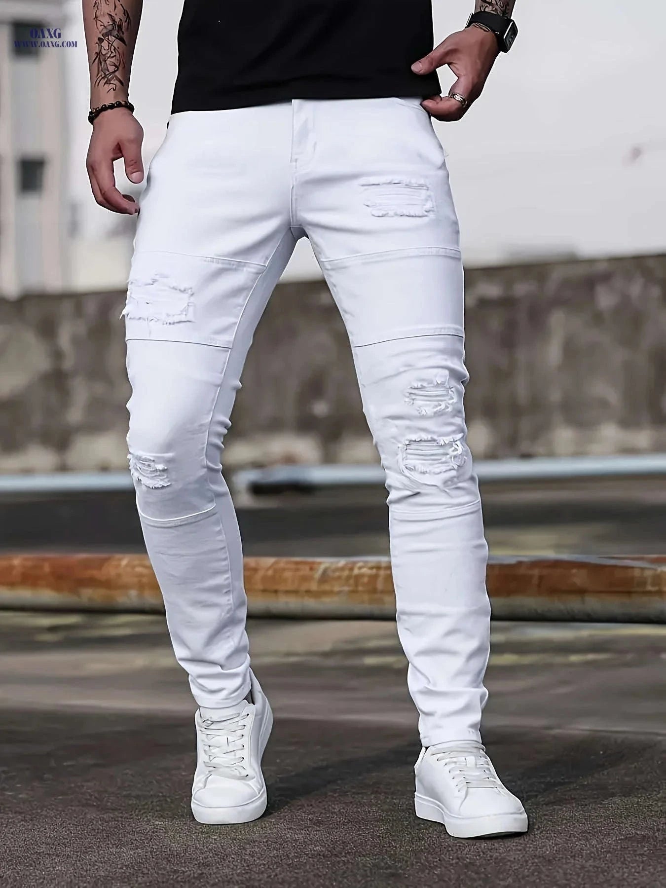 HME Men's Slim-Fit Ripped Jeans - Stretchy Casual Street Style   OAXG 