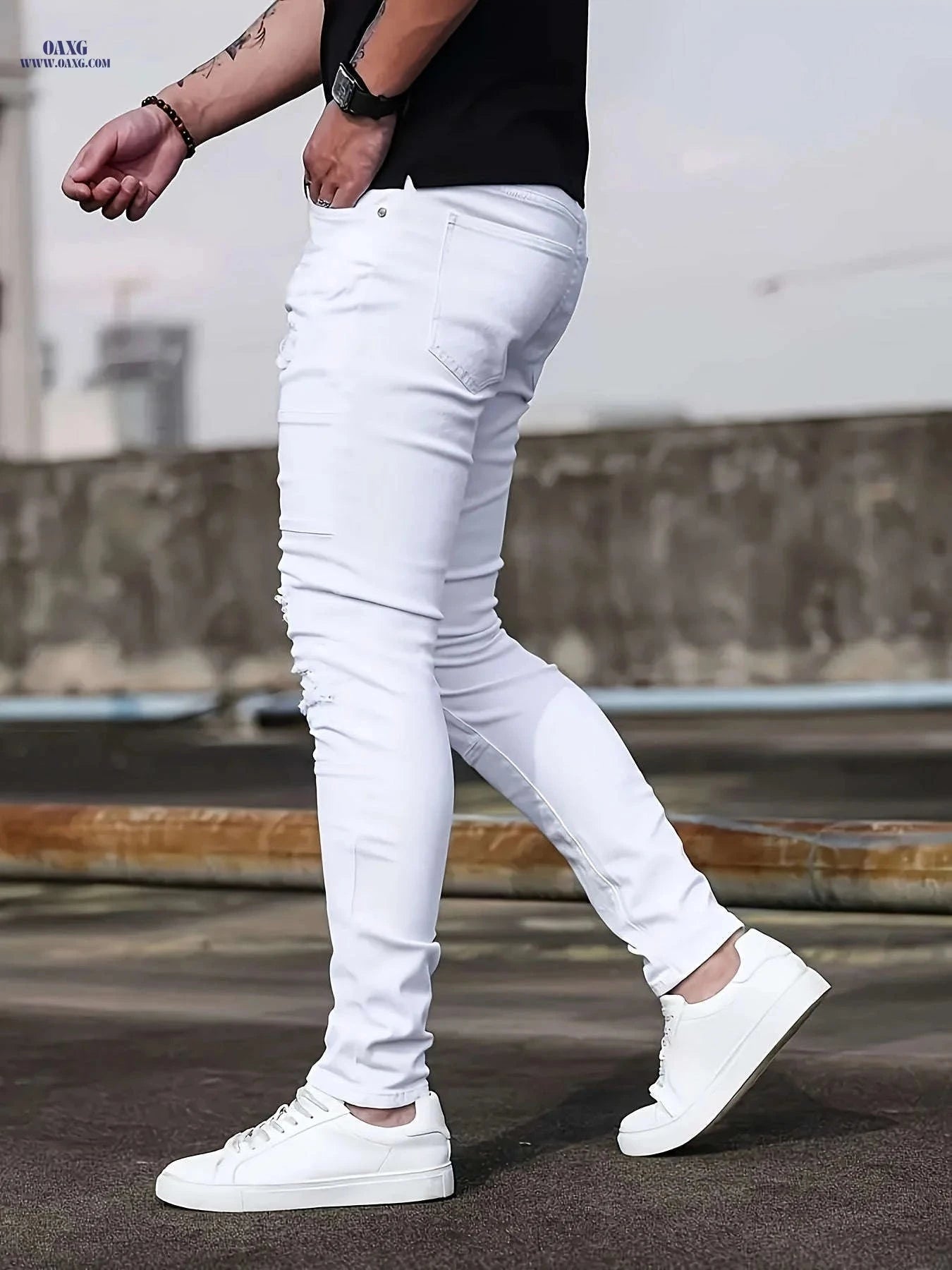 HME Men's Slim-Fit Ripped Jeans - Stretchy Casual Street Style   OAXG White / FR 38