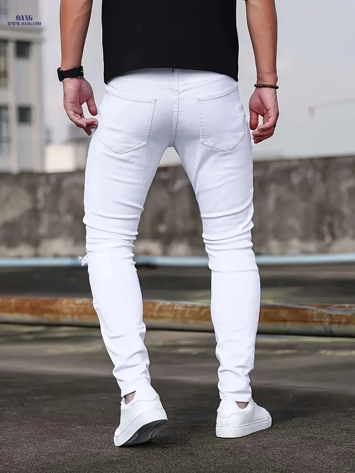 HME Men's Slim-Fit Ripped Jeans - Stretchy Casual Street Style   OAXG White / FR 38
