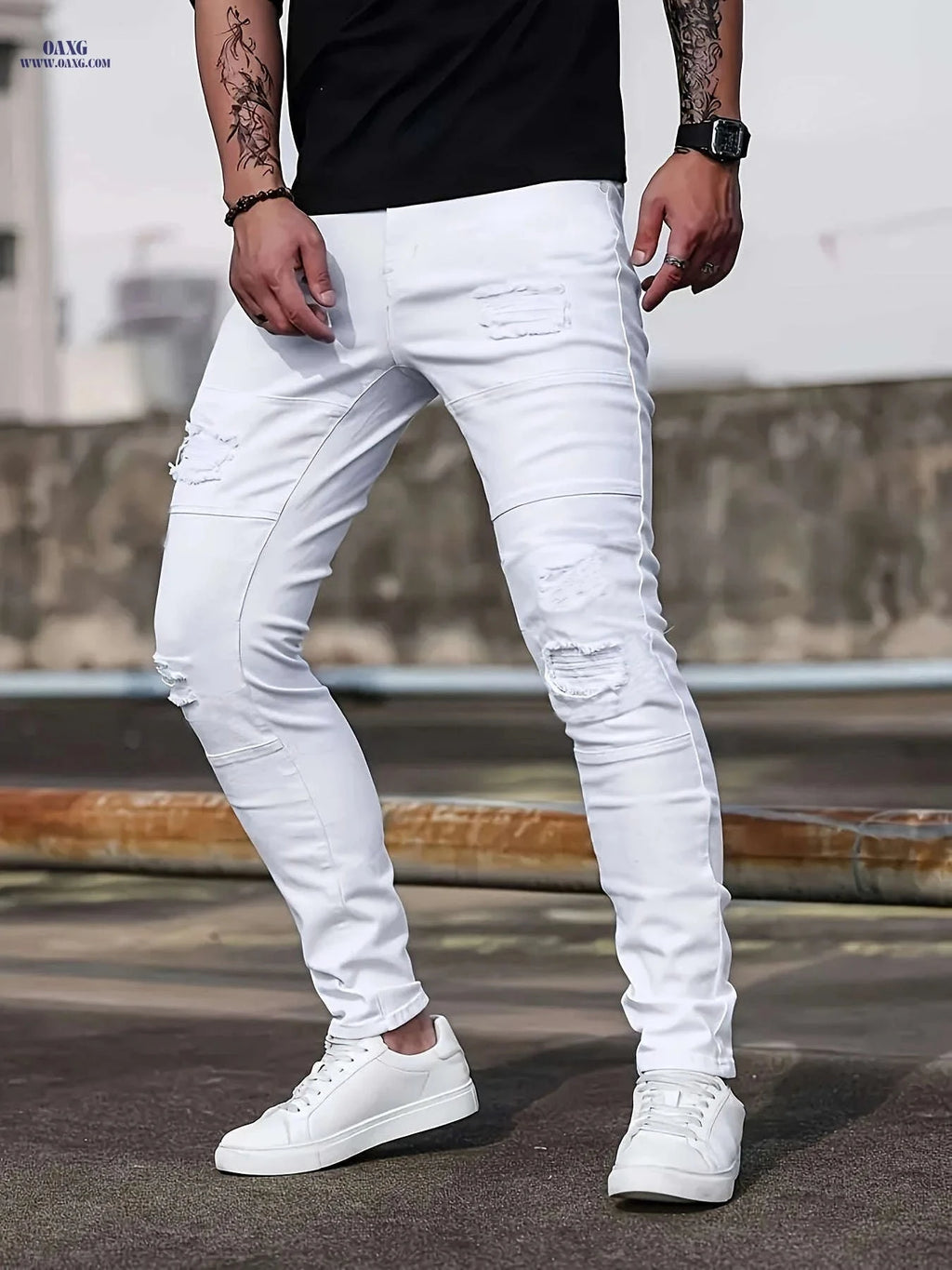 HME Men's Slim-Fit Ripped Jeans - Stretchy Casual Street Style   OAXG White / FR 38
