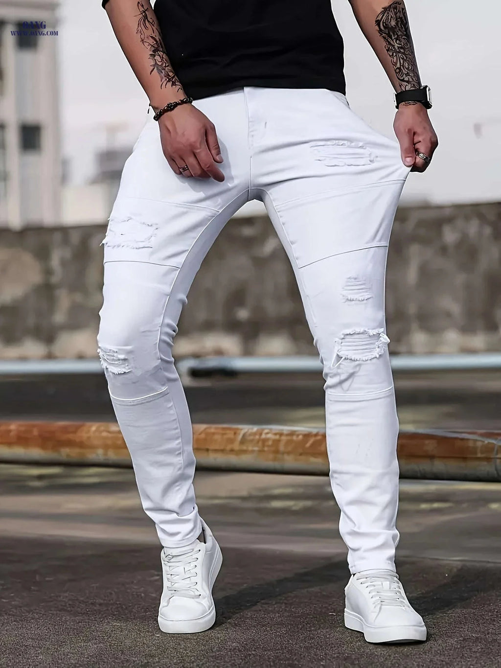 HME Men's Slim-Fit Ripped Jeans - Stretchy Casual Street Style   OAXG White / FR 38